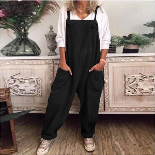 (Black, 4XL) Womens Sleeveless Solid Jumpsuit Dungaree Ladies Solid Loose Rompers Overalls