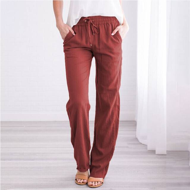 (Claret, M=UK 12) Women Cotton Linen Plain Trousers Pants Ladies Elastic Waist Bottoms Trousers