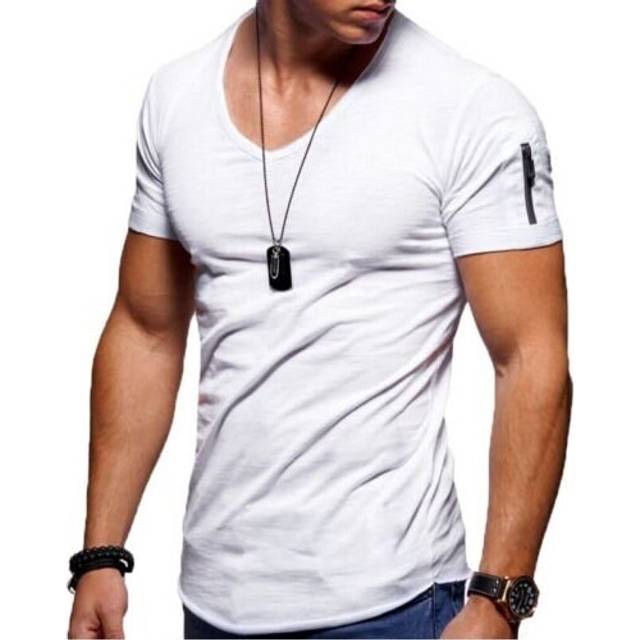 (White, 2XL) Men's Short Sleeve V Neck T Shirt Casual Slim Fit Solid Muscle Tee Tops Zipper T