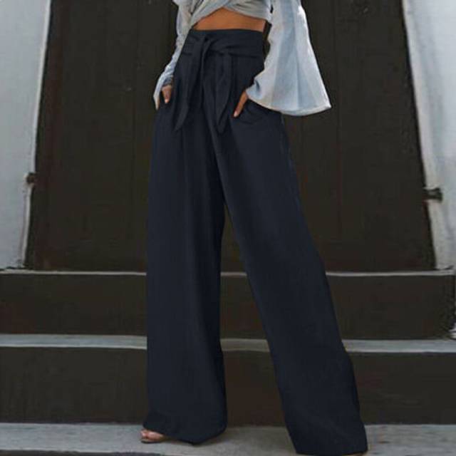 (Navy Blue, Tag Size S=UK Size 6) Ladies Long Pants Wide Leg Palazzo Pant Women High Waist Daily Wear Loose Fit