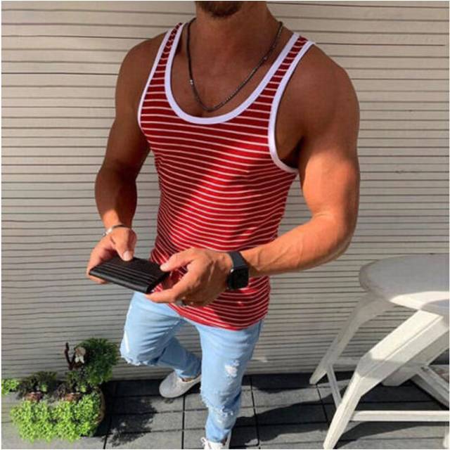 (Red, 3XL) Plus Size Mens Summer Striped Tank Top Gym Running Muscle Sleeveless Vest Shirt
