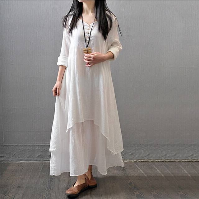 (White, XL=UK SIZE 14) Women Solid Casual Kaftan Gypsy Maxi Dress Ladies Cotton Linen Long Sleeve Dress