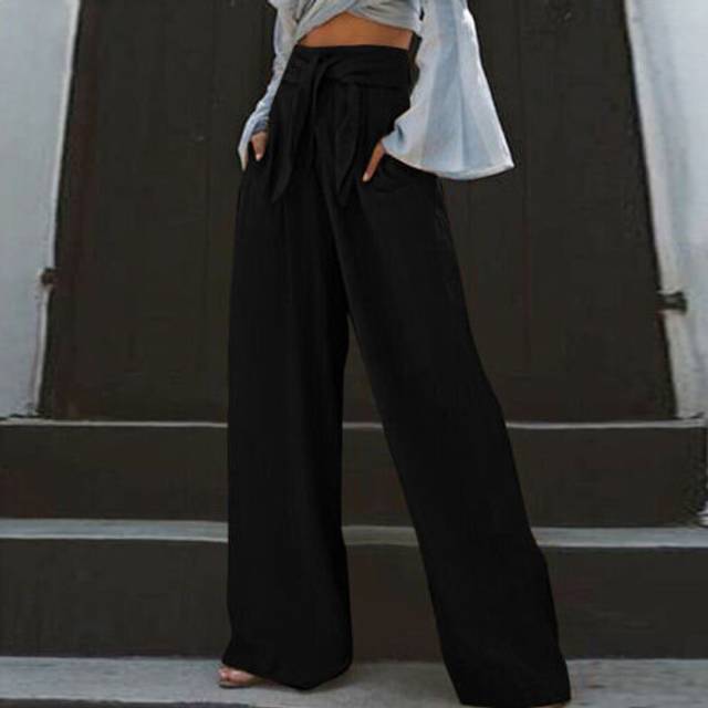 (Black, Tag Size 3XL=UK Size 16) Ladies Long Pants Wide Leg Palazzo Pant Women High Waist Daily Wear Loose Fit