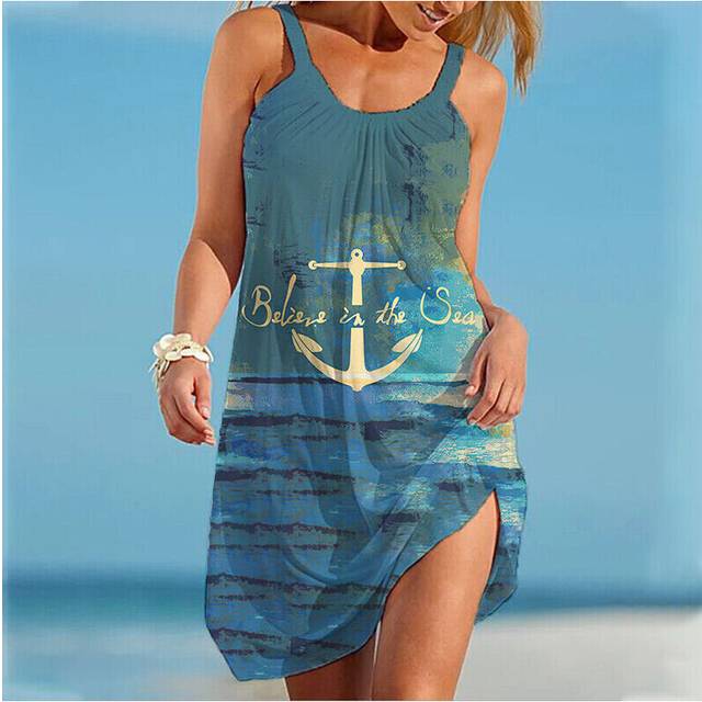 (Anchor, L=UK SIZE 14) Womens Floral Sleeveless Sundress Ladies Summer Beach Loose Causal Mini Dresses