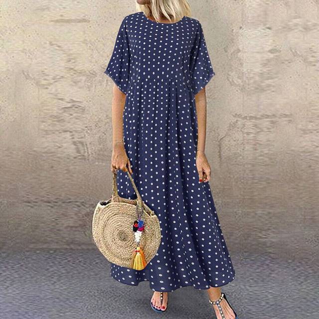 (Navy, 5XL / UK 20-22) Women's Cute Dress Short Sleeve Plaid Casual Loose Summer Maxi Dress Plus Size