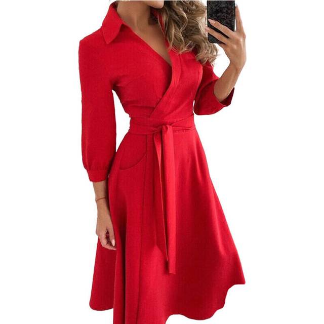 (Red, XXL=UK SIZE 16) Womens Long Sleeve V Neck Midi Dress Ladies Lace Up Belted Solid Shirt Dresses