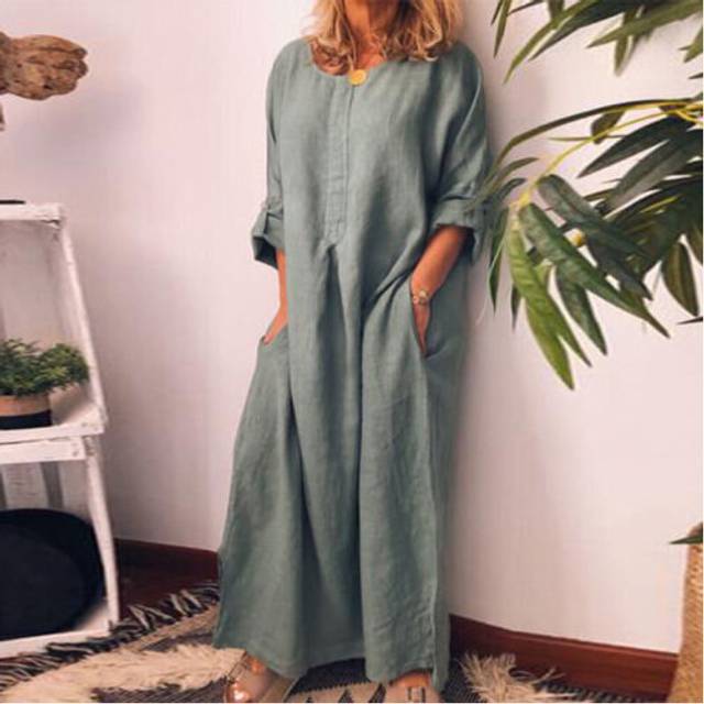 (Grey, Tag Size XL=UK Size 16) Women Cotton Linen Long Sleeve Maxi Dress Ladies Pocket Solid Baggy Kaftan Dress