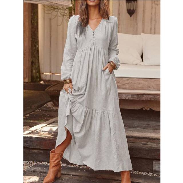 (Grey, 3XL) Women Casual Cotton Linen Long Sleeve Ladies Loose Swing Solid Button Maxi Dress