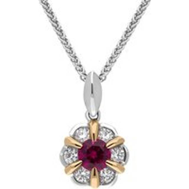 18ct White and Rose Gold Ruby Diamond Flower Cluster Necklace - Option1 Value White Gold