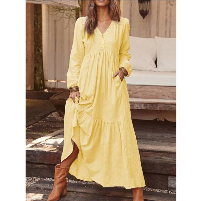 (Yellow, M) Women Casual Cotton Linen Long Sleeve Ladies Loose Swing Solid Button Maxi Dress