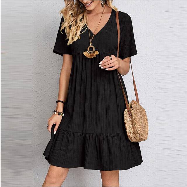 (Black, Tag Size 2XL=UK Size 18) Womens Short Sleeve V Neck Mini Dress Ladies Pleated Ruffle Baggy Solid Dresses