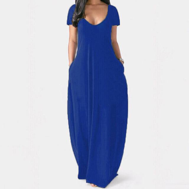 (Blue, 3XL=UK SIZE 18) Plus Size Womens Short Sleeve V Neck Maxi Dress Ladies Casual Solid Pocket Dress