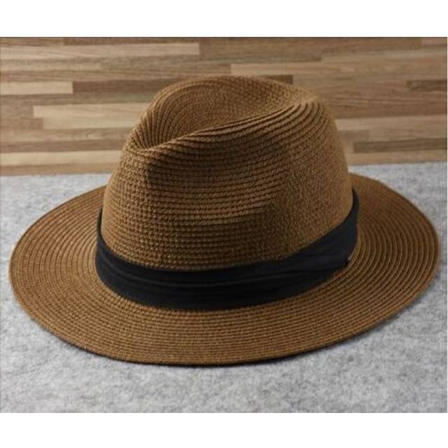 (L /58-60cm, Brown) Women/Men Wide Brim Soft Shaped Panama Straw Hat Summer Beach Sun Cap Fedora Hat