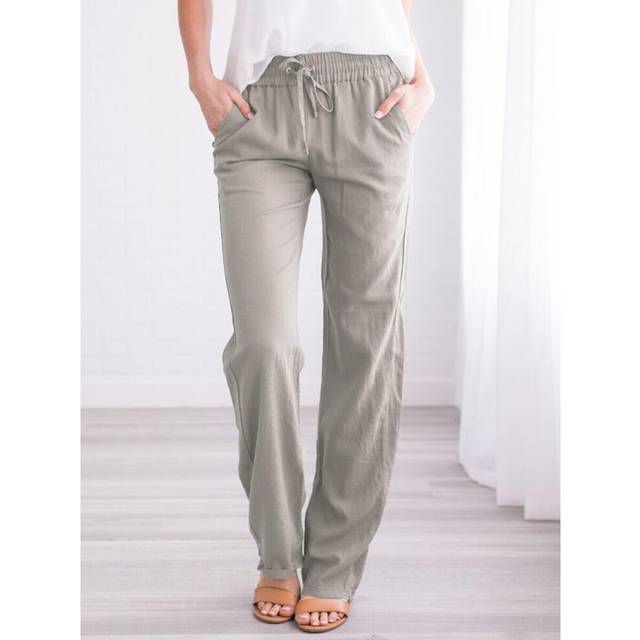 (Light Grey, XXL=UK 18) Women Cotton Linen Plain Trousers Pants Ladies Elastic Waist Bottoms Trousers