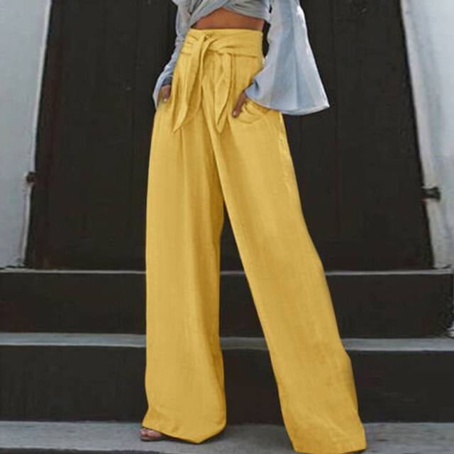 (Yellow, Tag Size 5XL=UK Size 20) Ladies Long Pants Wide Leg Palazzo Pant Women High Waist Daily Wear Loose Fit