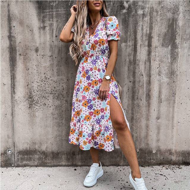 (White, S=UK Size 8-10) Boho Womens V-Neck Floral Midi Dress Summer Short Sleeve Beach Party Sundress