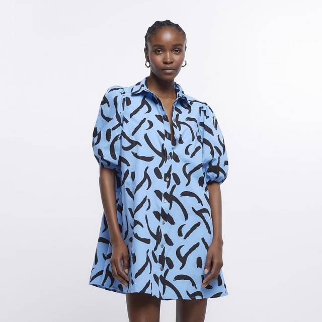 River island womens mini shirt dress blue print smock collared button fastening
