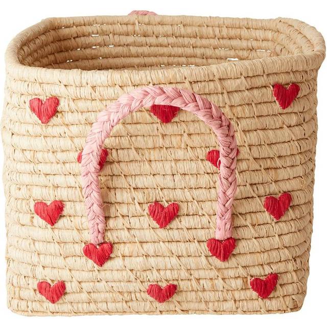 Rice - Small Square Raffia Basket with Handles - Hearts