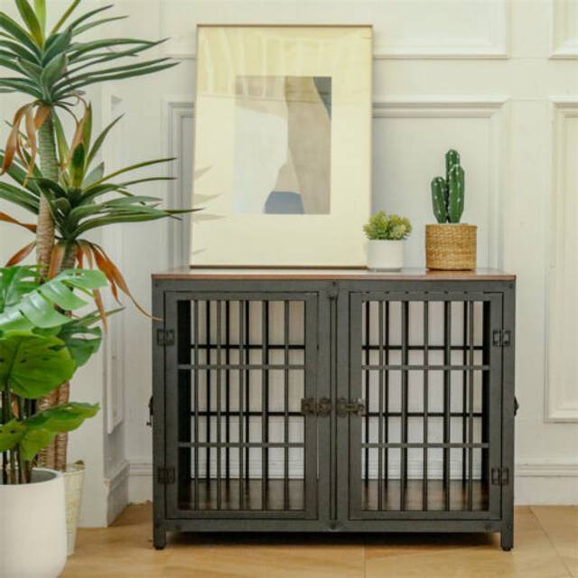 Heavy duty wooden dog crate furniture for small & large dogs w/ movable divider