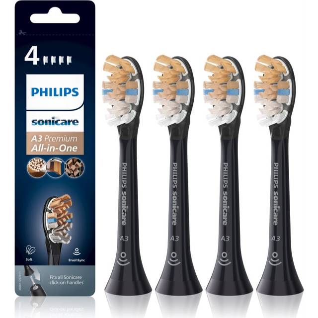 PHILIPS Sonicare Genuine A3 Premium allt-i-ett-borsthuvud för elektriska tandborstar – förpackning med fyra PHILIPS Sonicare-borsthuvuden i svart (modell HX9094/11)