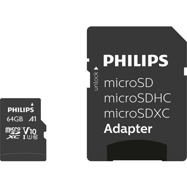 Philips Ultra Speed microSDXC-kort 64 GB + SD-adapter UHS-I U1, läshastighet upp till 80 MB/s, A1 Fast App Performance, V10, minneskort för smartphones, surfplattor, PC, kortläsare, Full HD Video