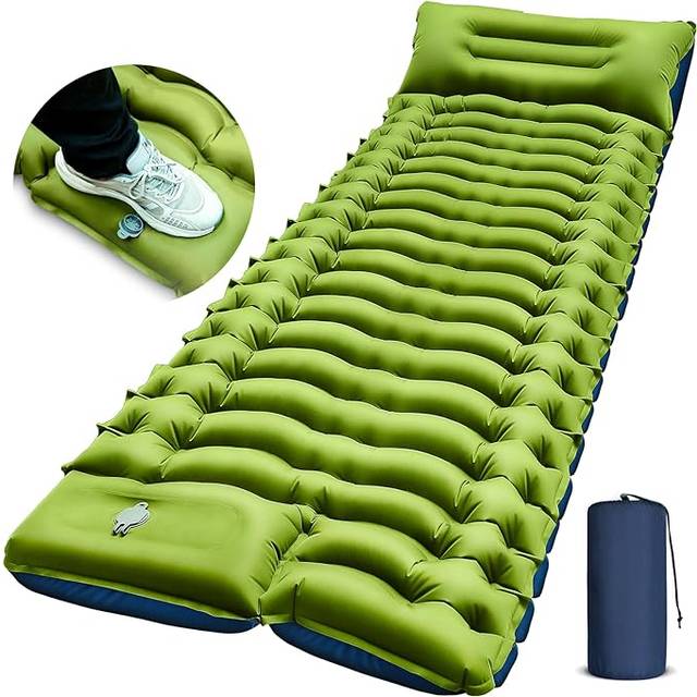 FUN PAC Campingsovdyna, ultralätt campingmatta med kudde inbyggd fotpump uppblåsbara sovdynor kompakt för camping backpacking vandring resetält, blå och grön, 27,9 x 7,6 x 9,9 cm