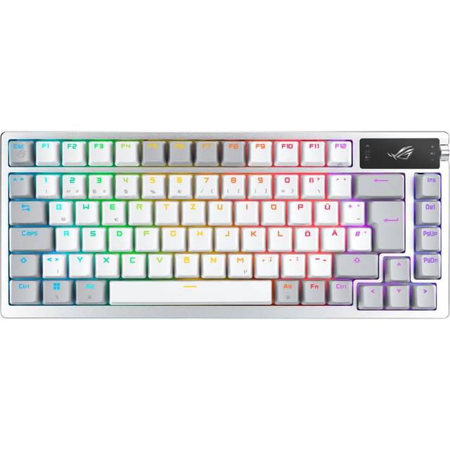 ASUS ROG Azoth White RGB speltangentbord (QWERTZ layout, 75% tangentbordsformfaktor, mekaniska ROG NX-switchar, OLED-skärm, trådlös med Bluetooth, 2,4 GHz RF, USB, Windows och MacOS-läge, vit)