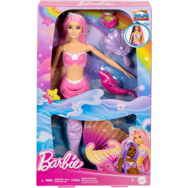 Barbie-sjöjungfrudocka, ”Malibu” med rosa hår, stylingtillbehör, delfin som husdjur och vattenaktiverad färgförändringsfunktion, HRP97