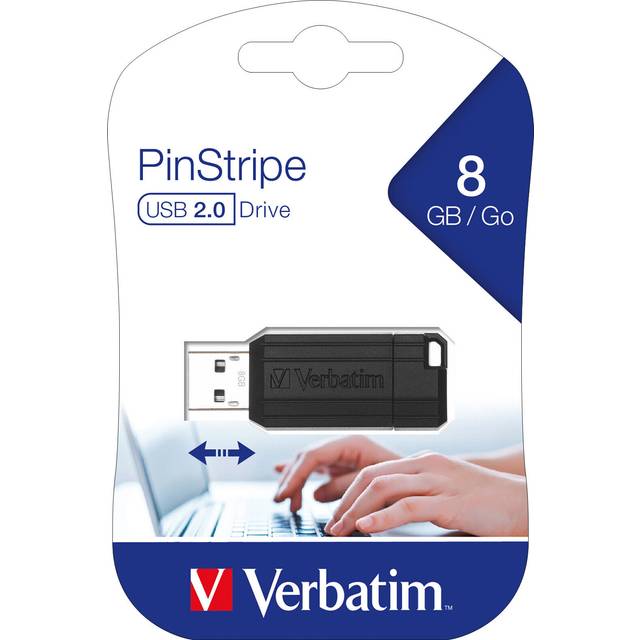 Verbatim PinStripe USB-minne 8 GB, USB 2.0, USB-minnen, för bärbar dator Notebook Ultrabook TV bilradio, USB 2.0-sticka, datasticka med skjutmekanism, svart