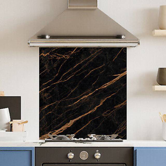 Premium 70cm x 75cm 6mm Black Gold Marble Glass Kitchen Splashback Various Sizes Toughened - 70 cm - Multi - One Size