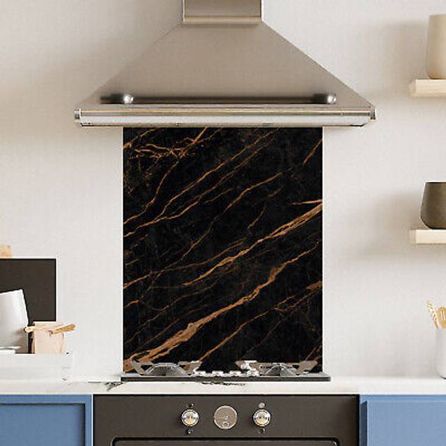 Premium 60cm x 75cm 6mm Black Gold Marble Glass Kitchen Splashback Various Sizes Toughened - 60 cm - Multi - One Size