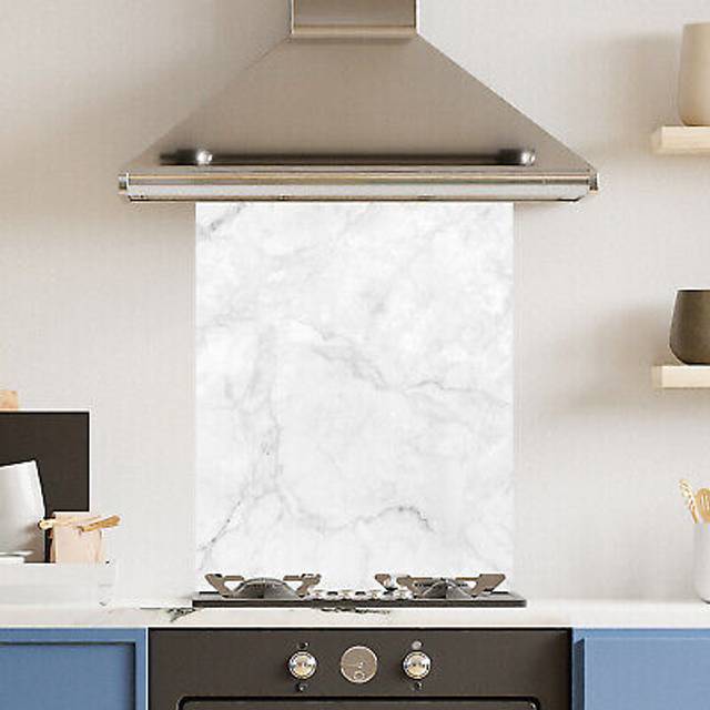 Premium 60cm x 75cm 6mm White Marble Glass Kitchen Splashback Various Sizes Toughened - 60 cm - Multi - One Size