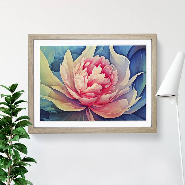 Watercolour Peony Flower - Picture Frame Graphic Art - Oak Framed (25cm H x 34cm W x 2cm D)