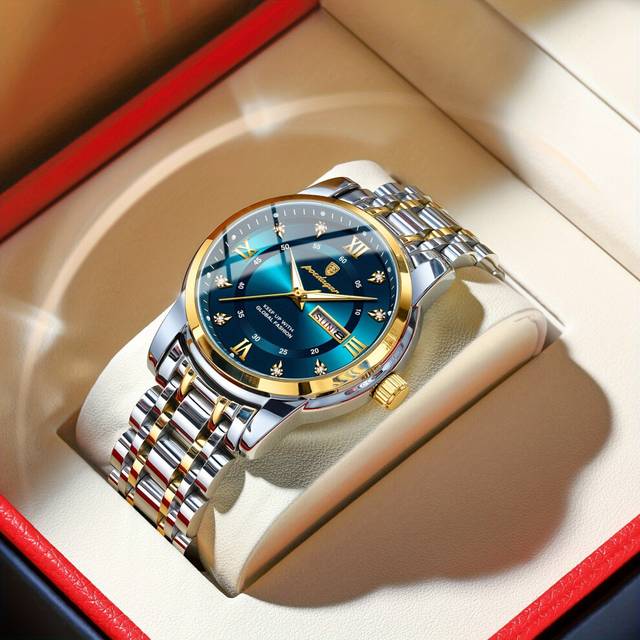 (T936 GD BU S) Poedagar Waterproof Luminous Calendar Stainless Steel Men's Wrist Watch