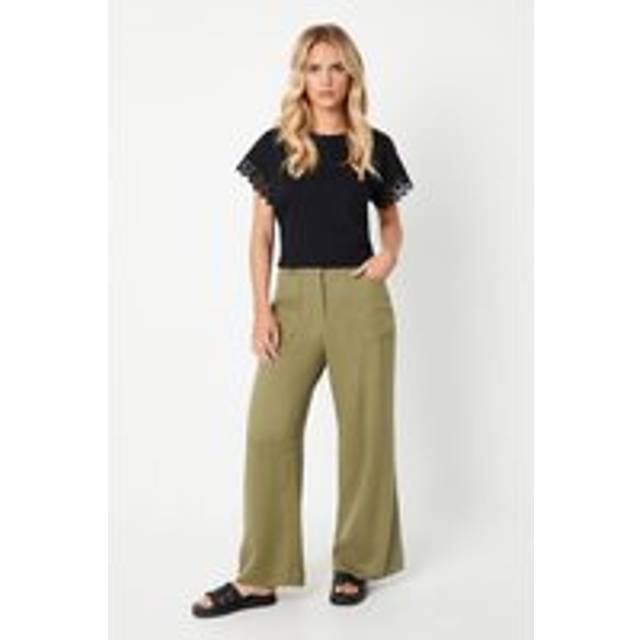 Womens Petite Top Stitch Patch Pocket Wide Leg Trouser - Khaki - 8