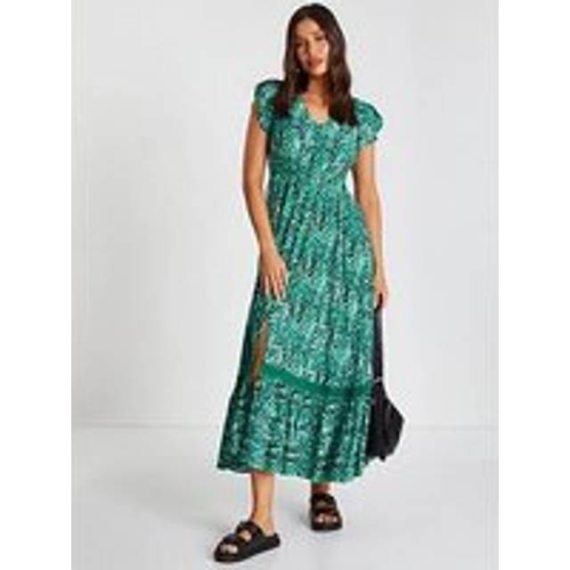 Quiz Womens Green Leopard Print Crochet Trim Maxi Dress - Size 14 UK