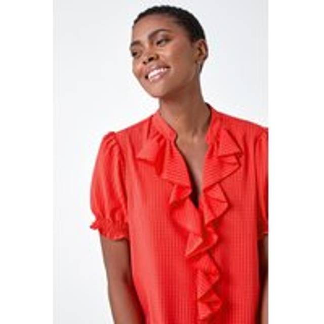 Waffle Textured V-Neck Frill Detail Top - Orange - 10