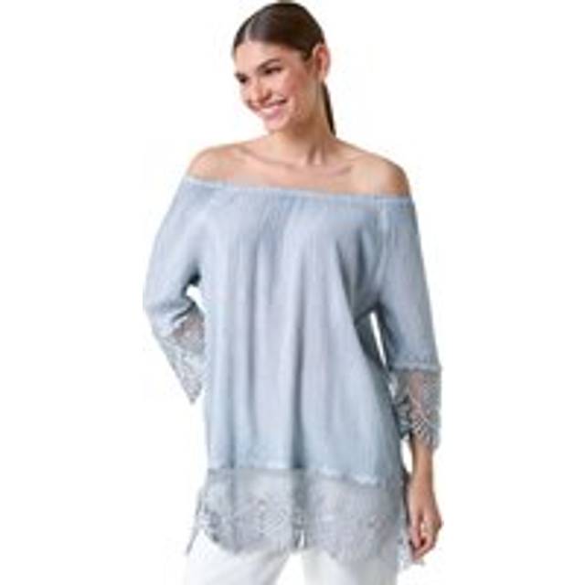 Lace Trim Textured Bardot Tunic Top - Blue - 10