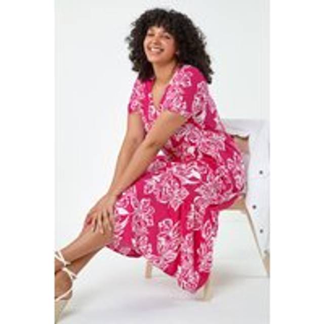 Floral Print Tiered Midi Dress - Fuchsia - 18