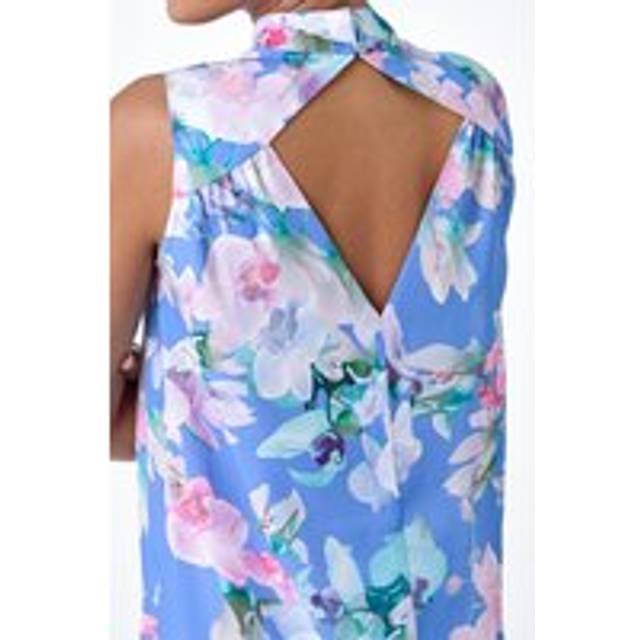 Roman Light Blue Floral Print High Neck Sleeveless Top - Size 16