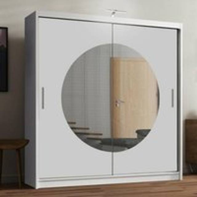 Circle Mirror Sliding Door Wardrobe with LED Light 203cm X 217cm - White - One Size