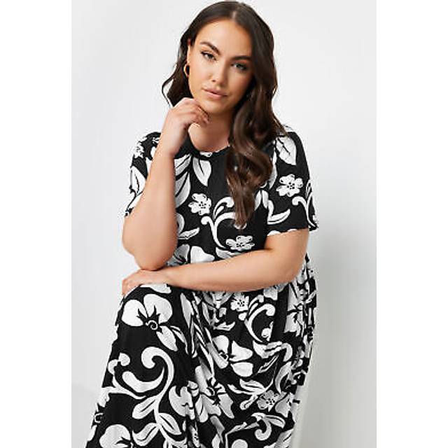 Yours Curve Black & White Abstract Floral Print Smock Dress, Women's Curve & Plus Size, Yours - 14