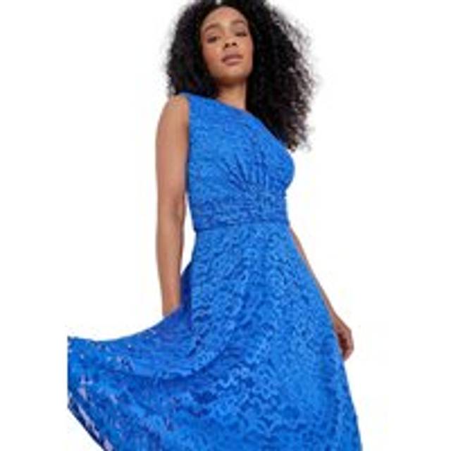Roman Petite Womens Lace Shimmer Belted Midi Dress - Blue - Size 14 UK