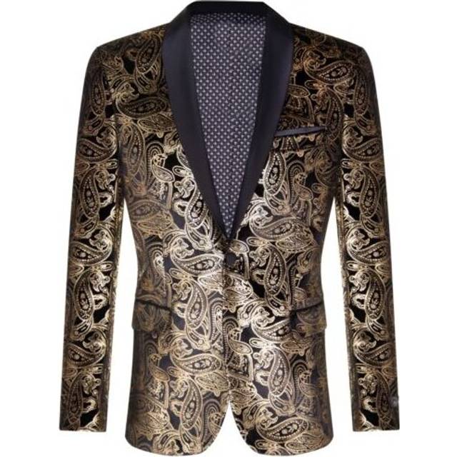 TruClothing Mens Classic Gold Paisley Black Velvet Tuxedo Dinner Jacket Tailored Fit Blazer - Size 50 (Chest)