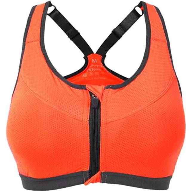 (Orange, M) Professional Shakeproof Front Zipper Breathable Sports Bra
