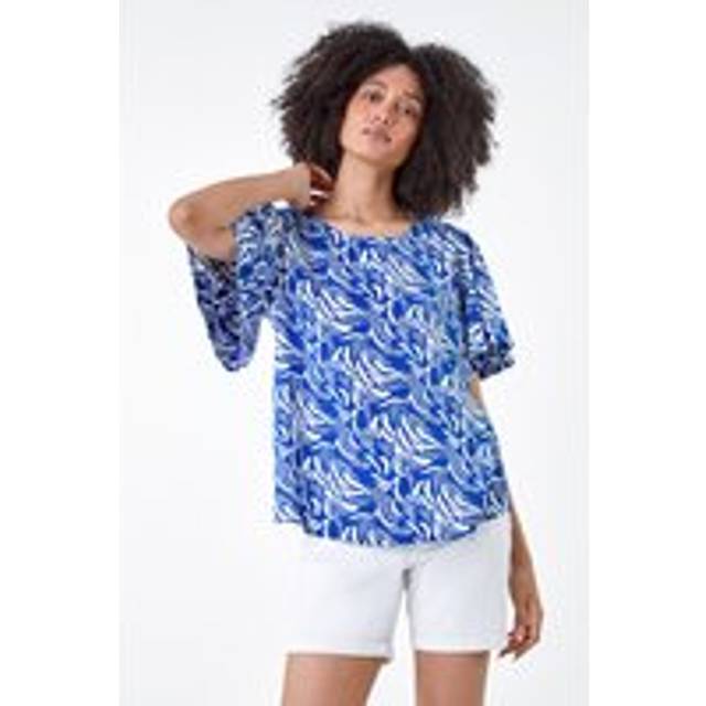 Roman Blue Abstract Print Flared Sleeve Top - Size 12