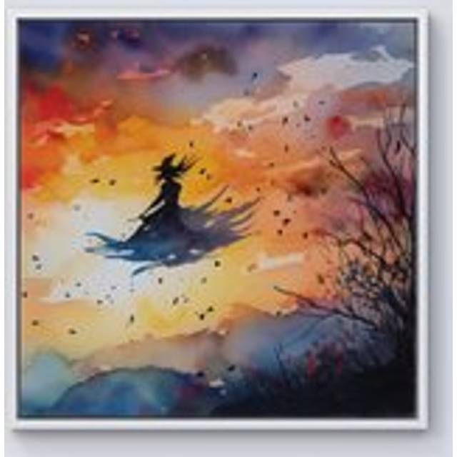 A Mesmerizing Watercolor Artwork Featuring A Graceful Witch Framed Canvas - Off White - w10_inch_x_h10_inch