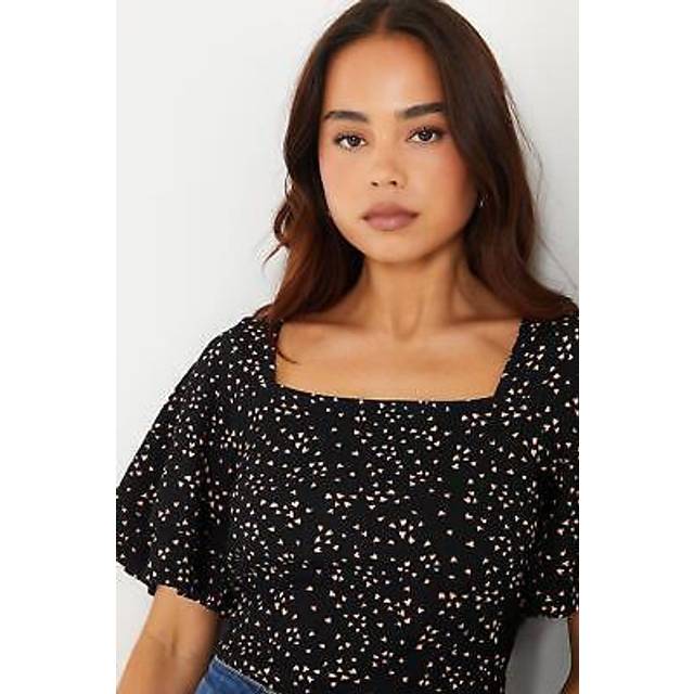 Womens Petite Square Neck Double Frill Jersey Sleeve Jersey Top - Black