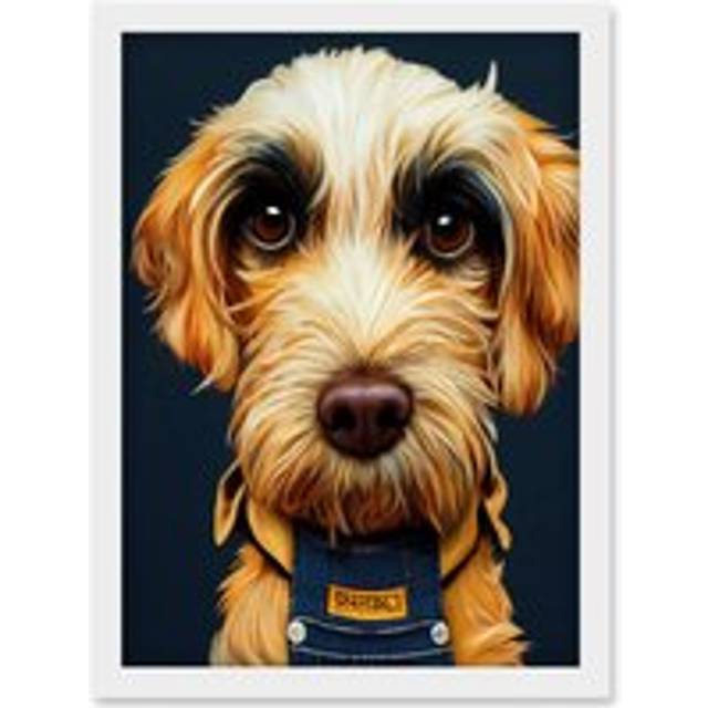 Dog In Dungarees Detailed Portrait Orange Bandana Artwork Framed Wall Art Print A4 - White - One Size