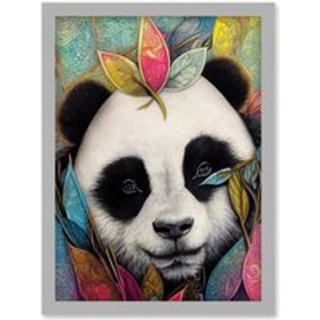 Cute Panda In Bright Colourful Tribal Pattern Jungle Leaves Illustration Artwork Framed Wall Art Print A4 - Grey - One Size